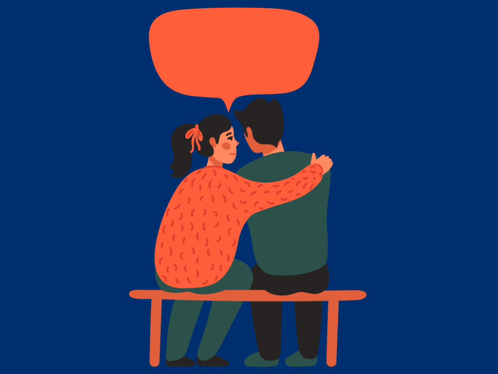 Ilustration of two people sitting on a bench with arm round shoulders, and speech bubble