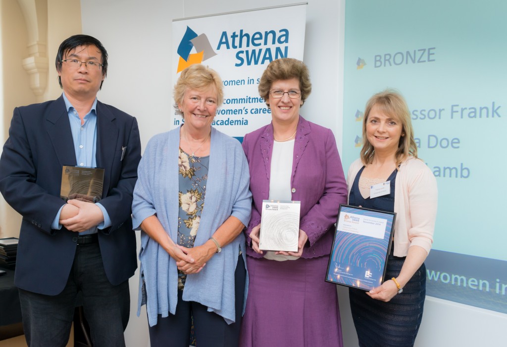 Frank Wang, Angela Doe and Tracey Lamb receive Athena SWAN award from Dame Julia Higgins