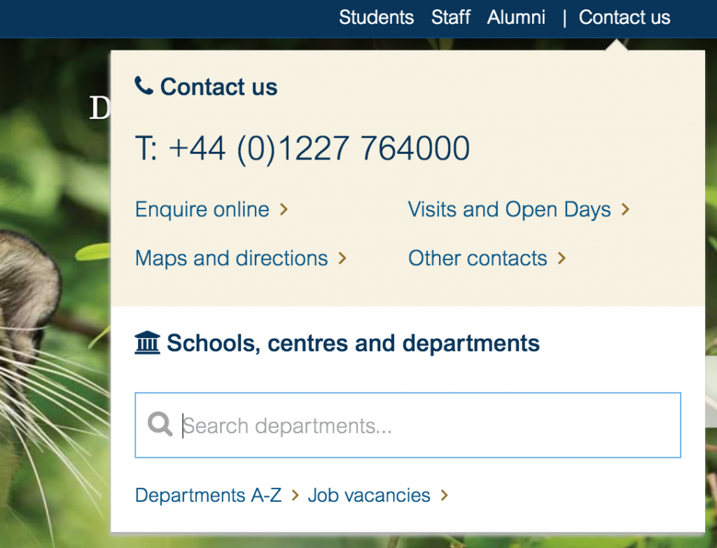 Screenshot of the University's new contact panel, with phone number, key links, and a department search