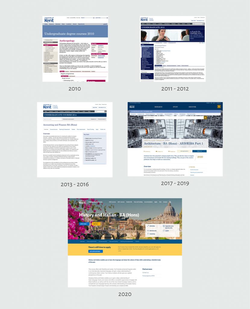 Different course page design over the years